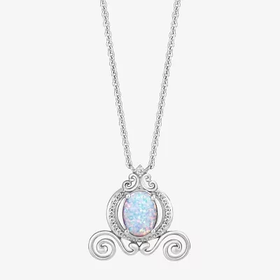 Enchanted Disney Fine Jewelry Womens Diamond Accent Lab Created White Opal Sterling Silver Cinderella Princess Pendant Necklace