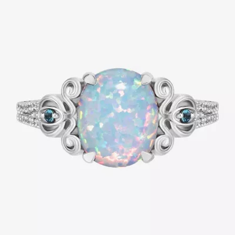 Enchanted Disney Fine Jewelry Womens Diamond Accent Lab Created White Opal Sterling Silver Cinderella Princess Side Stone Solitaire Cocktail Ring