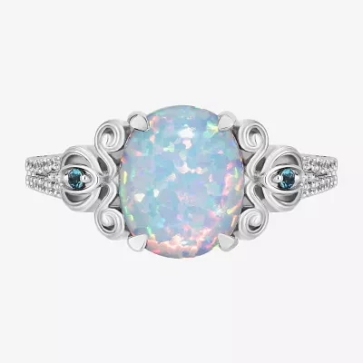 Enchanted Disney Fine Jewelry Womens Diamond Accent Lab Created White Opal Sterling Silver Cinderella Princess Side Stone Solitaire Cocktail Ring