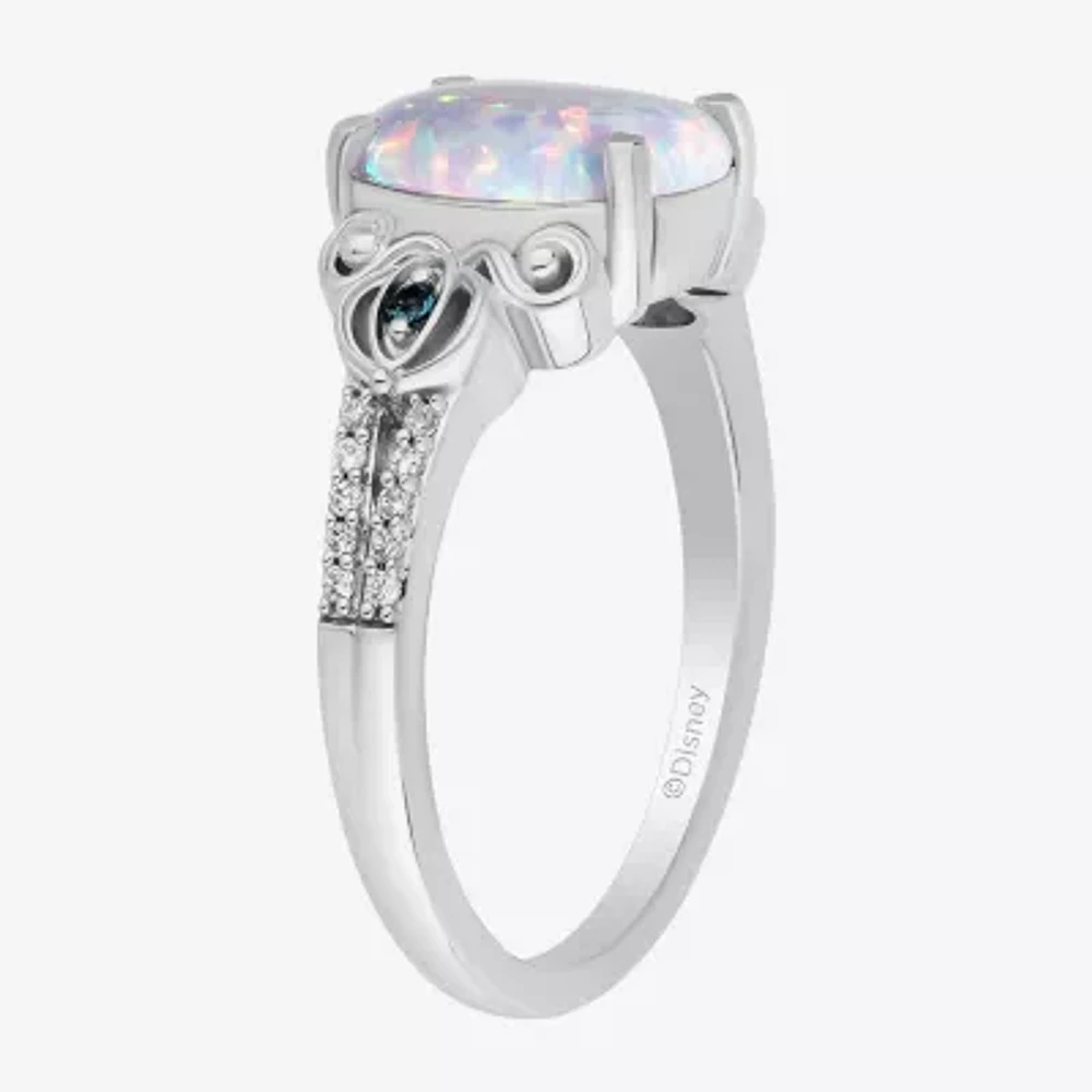 Enchanted Disney Fine Jewelry Womens Diamond Accent Lab Created White Opal Sterling Silver Cinderella Princess Side Stone Solitaire Cocktail Ring