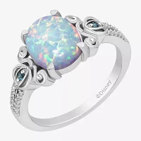 Enchanted Disney Fine Jewelry Womens Diamond Accent Lab Created White Opal Sterling Silver Cinderella Princess Side Stone Solitaire Cocktail Ring