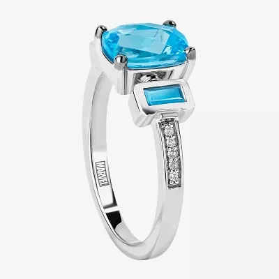 Marvel Fine Jewelry Womens Diamond Accent Genuine Blue Topaz Sterling Silver Oval Loki Side Stone Cocktail Ring