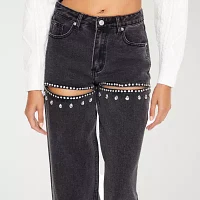 Forever 21 Juniors Black Glitter Cutout Denim Womens High Rise Loose Fit Jean