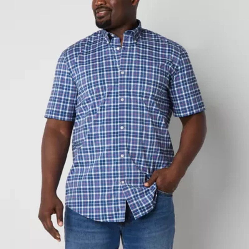 St. John's Bay Big and Tall Performance Mens Classic Fit Short Sleeve Plaid Button-Down Shirt