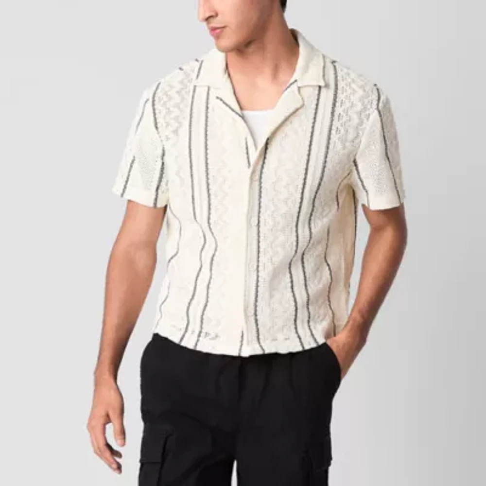 Mens Short Sleeve Striped Button-Down Shirt