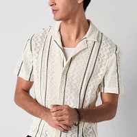 Mens Short Sleeve Striped Button-Down Shirt