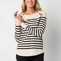 Liz Claiborne Womens Crew Neck Long Sleeve Striped Pullover Sweater