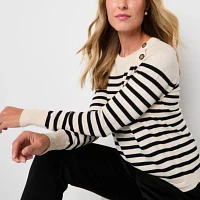 Liz Claiborne Womens Crew Neck Long Sleeve Striped Pullover Sweater