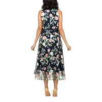 Giovanna Signature Womens Sleeveless Embroidered Floral Midi A-Line Dress