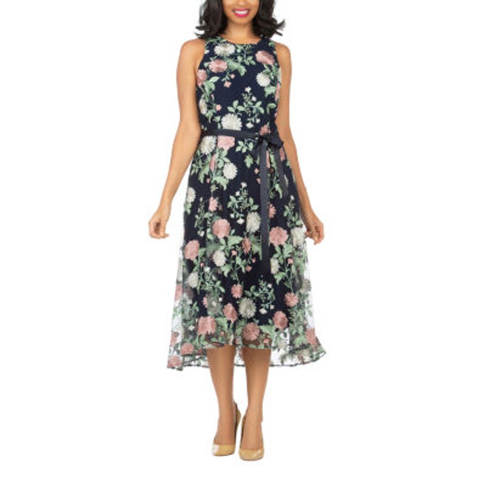 Giovanna Signature Womens Sleeveless Embroidered Floral Midi A-Line Dress