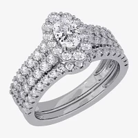 H-I / Si1-Si2) Womens / CT. T.W. Lab Grown White Diamond 10K Gold Oval Side Stone Halo Bridal Set