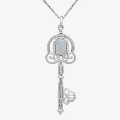 Enchanted Disney Fine Jewelry Womens 1/6 CT. T.W. Lab Created White Opal Sterling Silver Keys Cinderella Princess Pendant Necklace