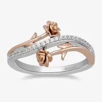 Enchanted Disney Fine Jewelry Womens 1/10 CT. T.W. Natural White Diamond 14K Rose Gold Over Silver Sterling Flower Beauty and the Beast Belle Princess Cocktail Ring