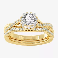 Signature By Modern Bride (H-I / Si1-Si2) Womens 1 1/5 CT. T.W. Lab Grown White Diamond 10K Gold Round Side Stone Halo Bridal Set