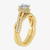 Signature By Modern Bride (H-I / Si1-Si2) Womens 1 1/5 CT. T.W. Lab Grown White Diamond 10K Gold Round Side Stone Halo Bridal Set