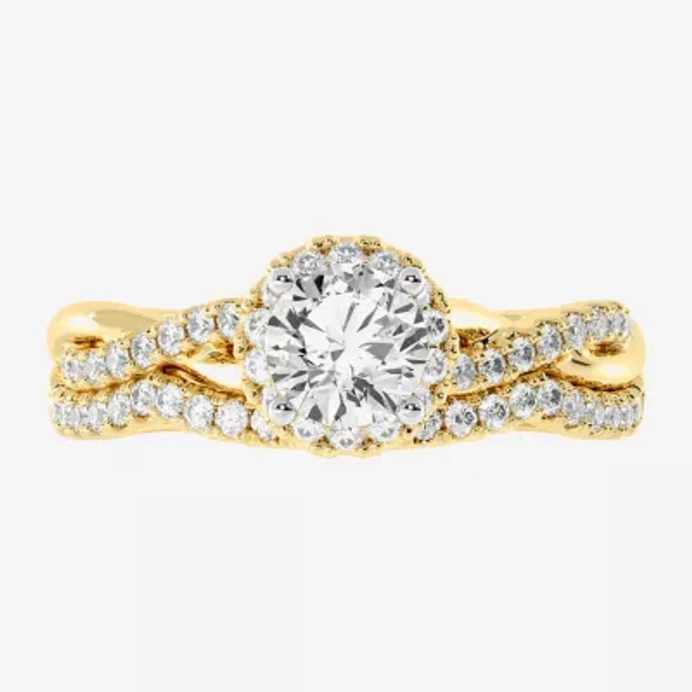 Signature By Modern Bride (H-I / Si1-Si2) Womens 1 1/5 CT. T.W. Lab Grown White Diamond 10K Gold Round Side Stone Halo Bridal Set