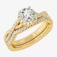 Signature By Modern Bride (H-I / Si1-Si2) Womens 1 1/5 CT. T.W. Lab Grown White Diamond 10K Gold Round Side Stone Halo Bridal Set