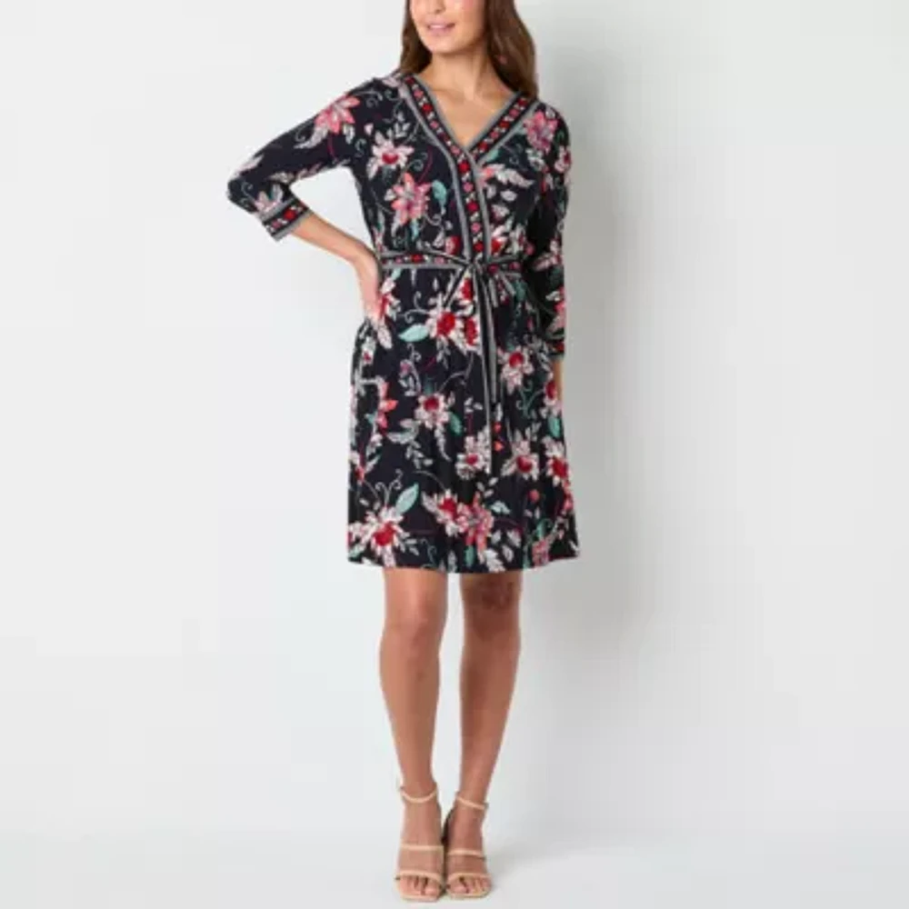 R & K Originals Womens 3/4 Sleeve Floral Faux-Wrap Dress