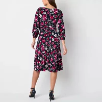 Jessica Howard Womens 3/4 Sleeve Floral Midi Fit + Flare Dress