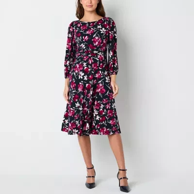 Jessica Howard Womens 3/4 Sleeve Floral Midi Fit + Flare Dress