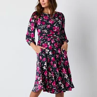 Jessica Howard Womens 3/4 Sleeve Floral Midi Fit + Flare Dress