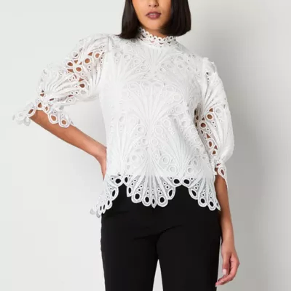 Ultra Pink Womens Mock Neck Long Sleeve Lace Blouse