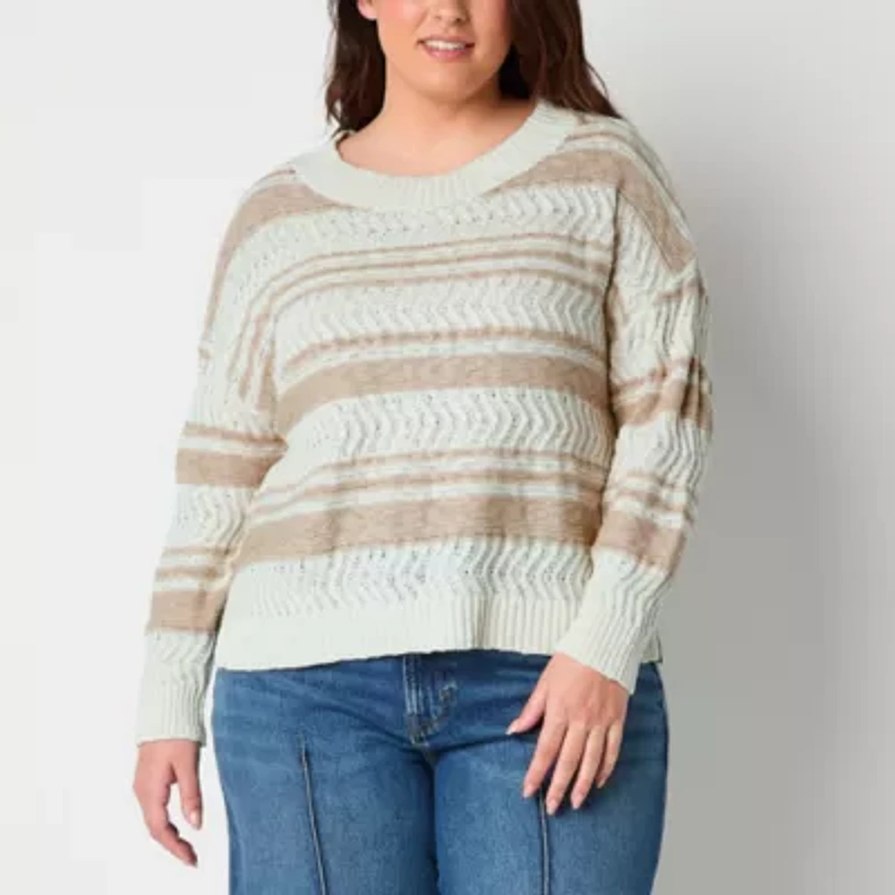 Frye and Co. Plus Womens Crew Neck Long Sleeve Striped Pullover Sweater