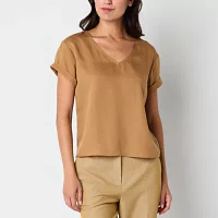 Worthington Womens V Neck Short Sleeve Blouse