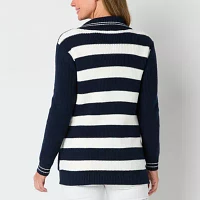 St. John's Bay Womens V Neck Long Sleeve Open Front Striped Cardigan