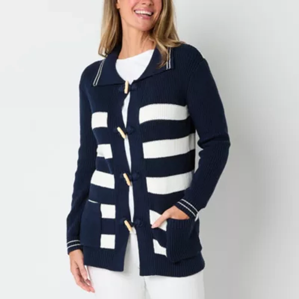 St. John's Bay Womens V Neck Long Sleeve Open Front Striped Cardigan