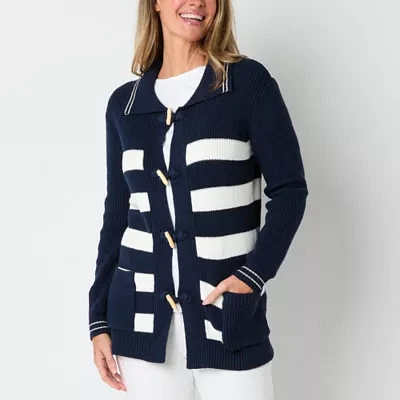 St. John's Bay Womens V Neck Long Sleeve Open Front Striped Cardigan