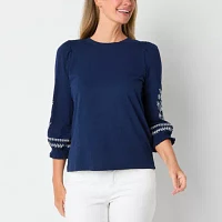 St. John's Bay Womens Round Neck 3/4 Sleeve Embroidered Blouse