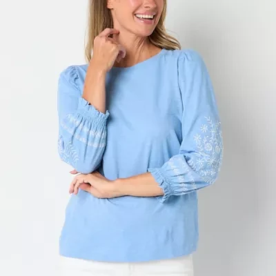 St. John's Bay Womens Round Neck 3/4 Sleeve Embroidered Blouse