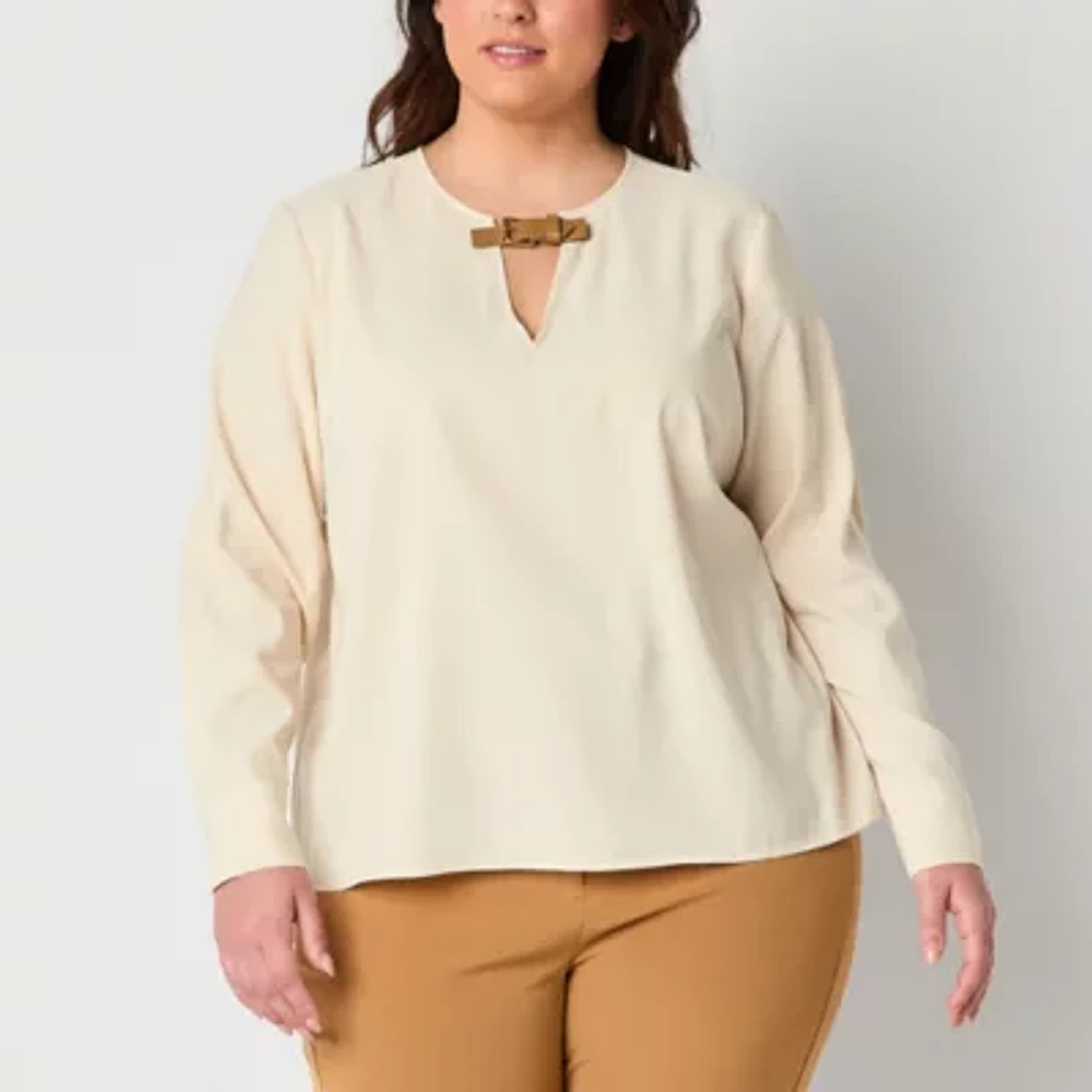 Worthington Plus Womens Round Neck Long Sleeve Blouse