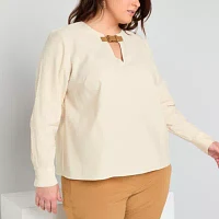 Worthington Plus Womens Round Neck Long Sleeve Blouse