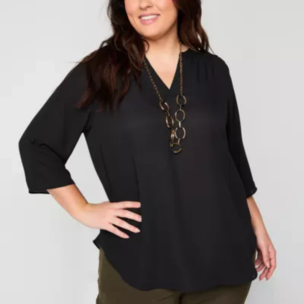 Worthington Plus Womens Split Crew Neck 3/4 Sleeve Blouse