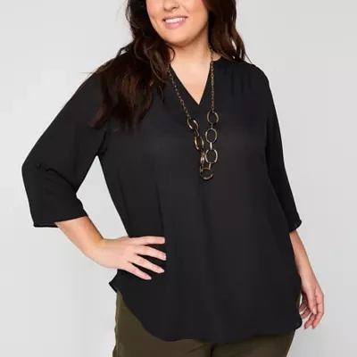 Worthington Plus Womens Split Crew Neck 3/4 Sleeve Blouse
