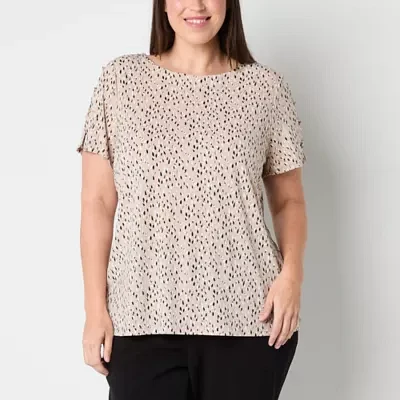 Liz Claiborne Plus Womens Round Neck Short Sleeve Blouse