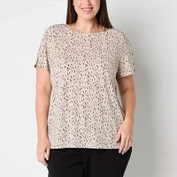 Liz Claiborne Plus Womens Round Neck Short Sleeve Blouse