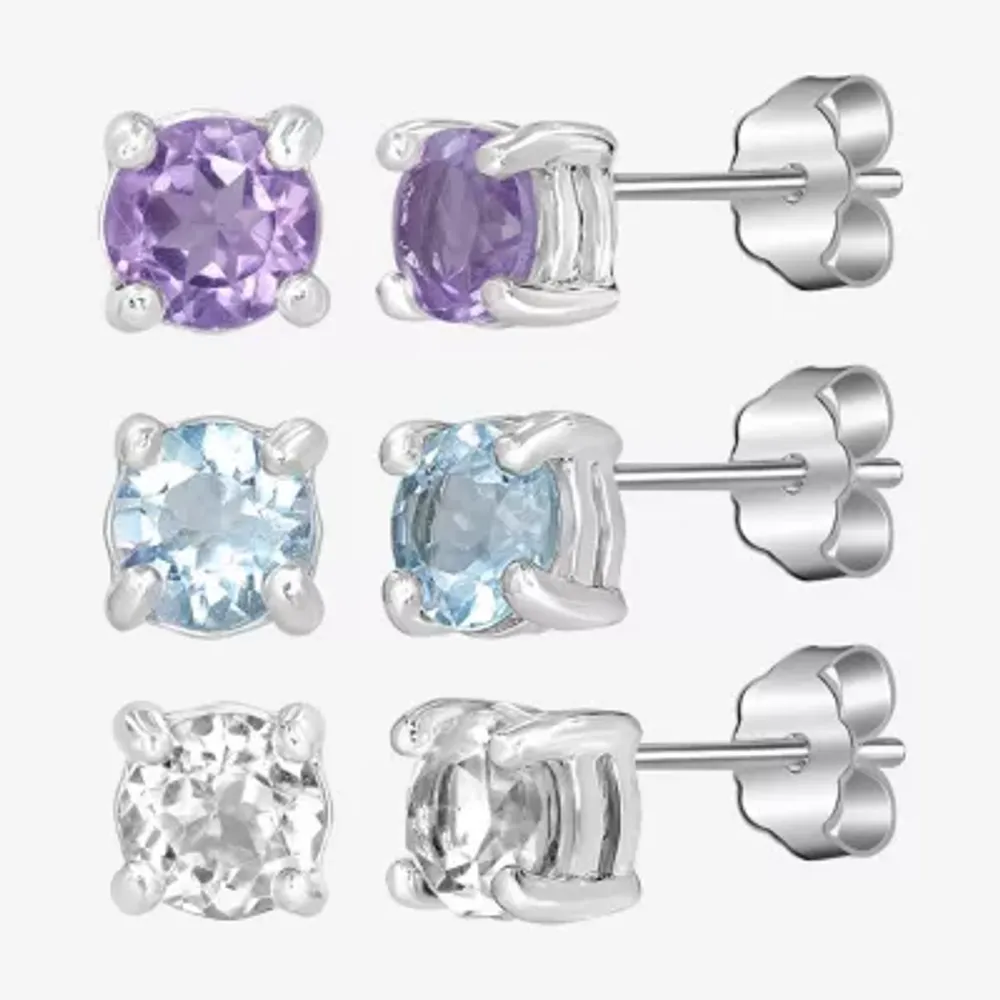 Silver Treasures Genuine Stone 3 Pair Amethyst Earring Set