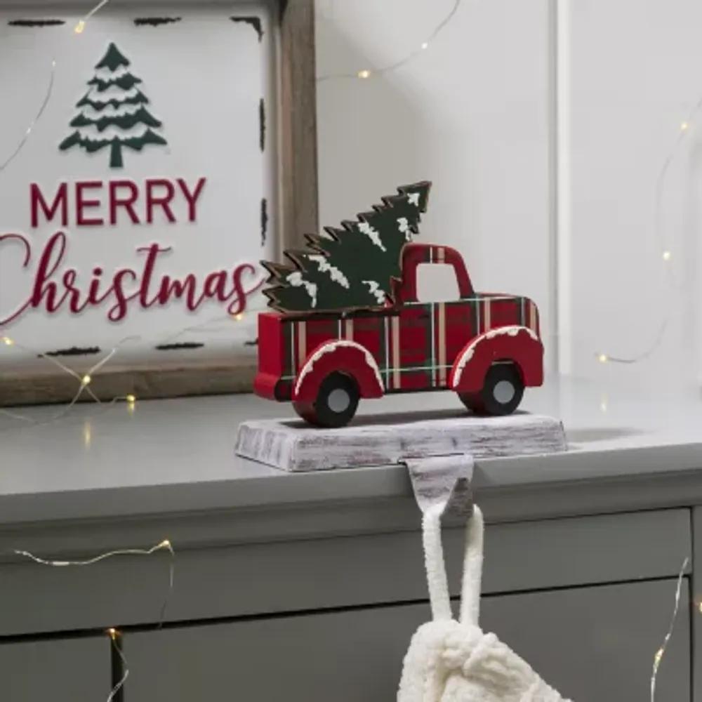 Glitzhome Wooden & Metal Red Truck Christmas Stocking Holder