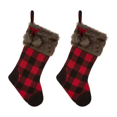 Glitzhome 21" Fur Buffalo Plaid Christmas Stocking - Set of 2