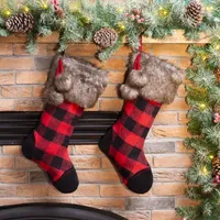 Glitzhome 21" Fur Buffalo Plaid Christmas Stocking - Set of 2