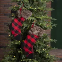 Glitzhome 21" Fur Buffalo Plaid Christmas Stocking - Set of 2