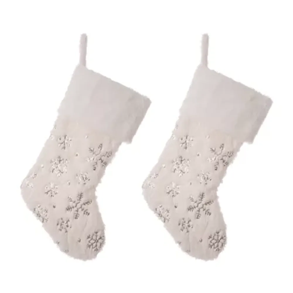 Glitzhome 21" White Plush Snowflake Christmas Stocking - Set of 2