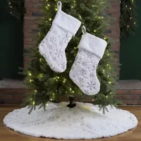 Glitzhome 2 White Plush Snowflake Christmas Stockings & 1 White Plush Snowflake Christmas Tree Skirt, 3-Piece Set