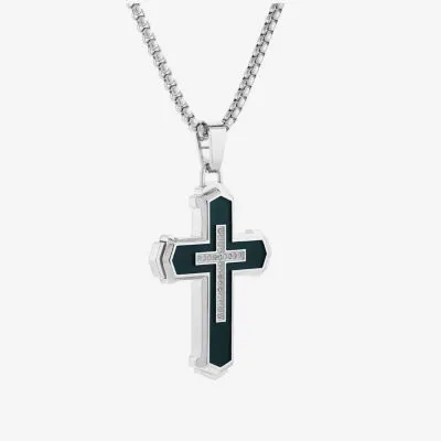 Mens 1/10 CT. T.W. White Diamond Stainless Steel Cross Pendant Necklace