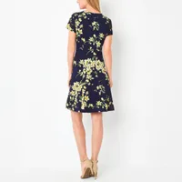 Jessica Howard Womens Short Sleeve Floral Fit + Flare Dress