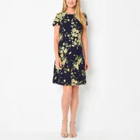 Jessica Howard Womens Short Sleeve Floral Fit + Flare Dress