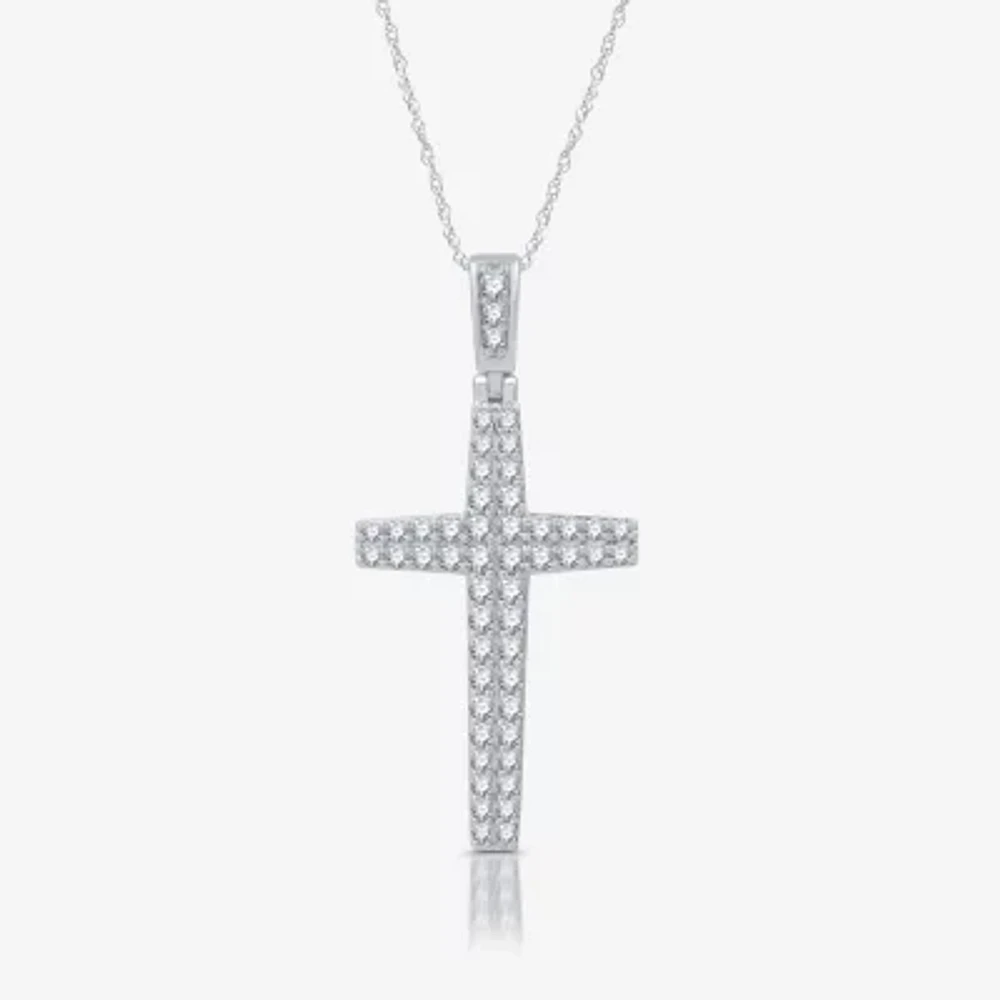 Womens 3/4 CT. T.W. Natural White Diamond Sterling Silver Cross 18 Inch Pendant Necklace